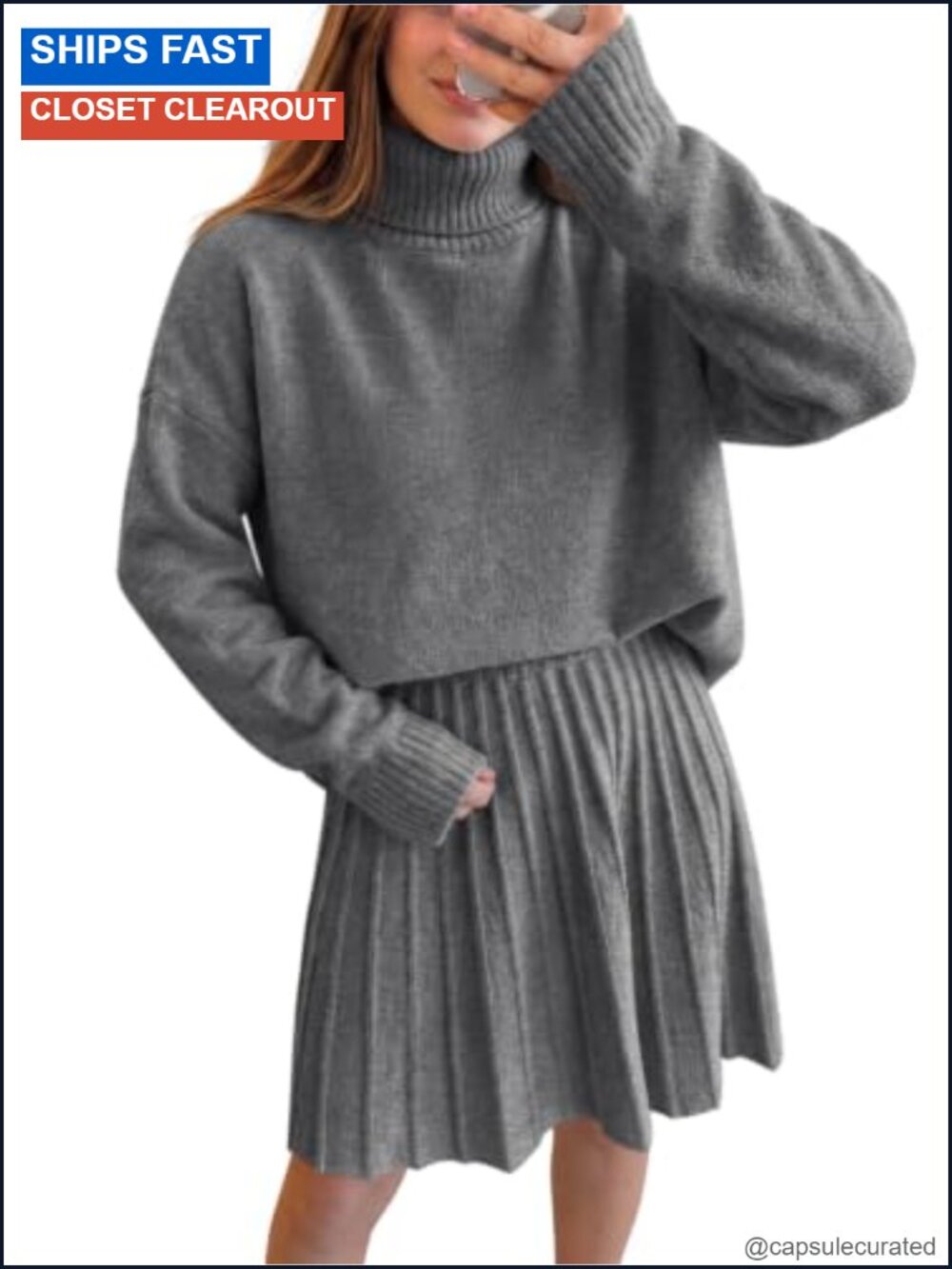 Womens 2 Piece Knit Sweater and Pleated Mini Skirt Set Turtleneck Casual